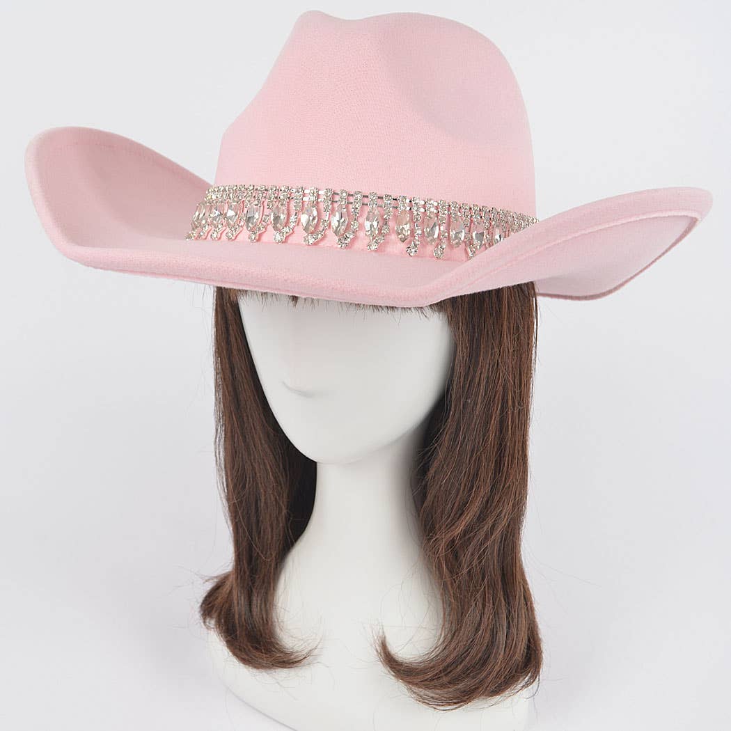 Fringe Rhinestone Faux Wool Cowboy Hat