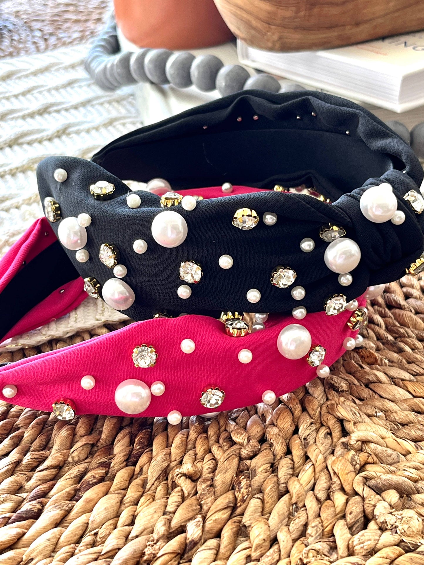 Frosting Company - Knotted Headband Pink Black Faux Pearl - Spring Easter