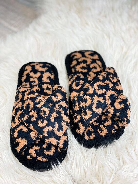 Prep Obsessed Wholesale - Leopard Criss Cross Fuzzy Slippers