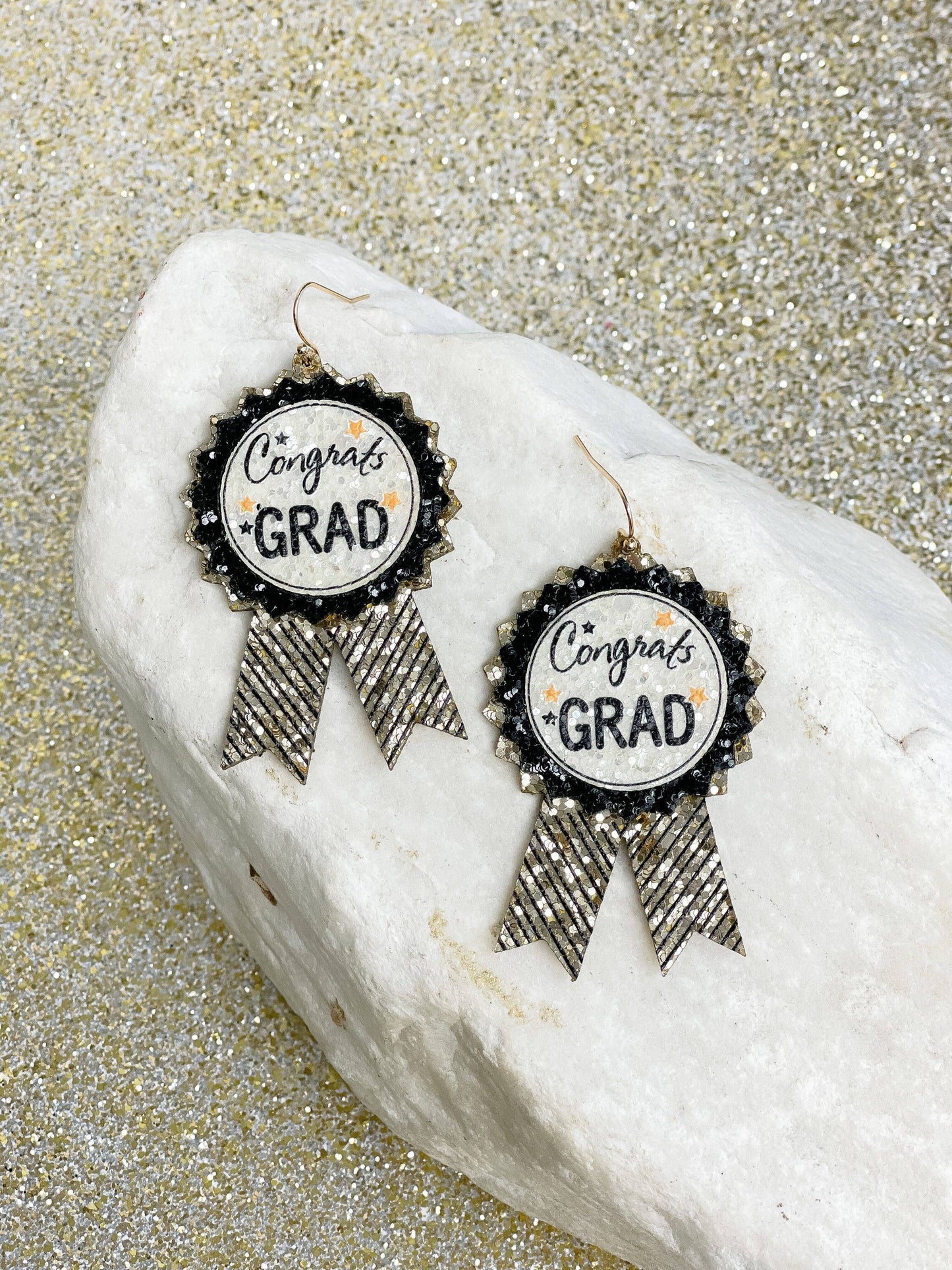 Prep Obsessed Wholesale - Gold Glitter Ribbon 'Congrats Grad' Dangle Earrings