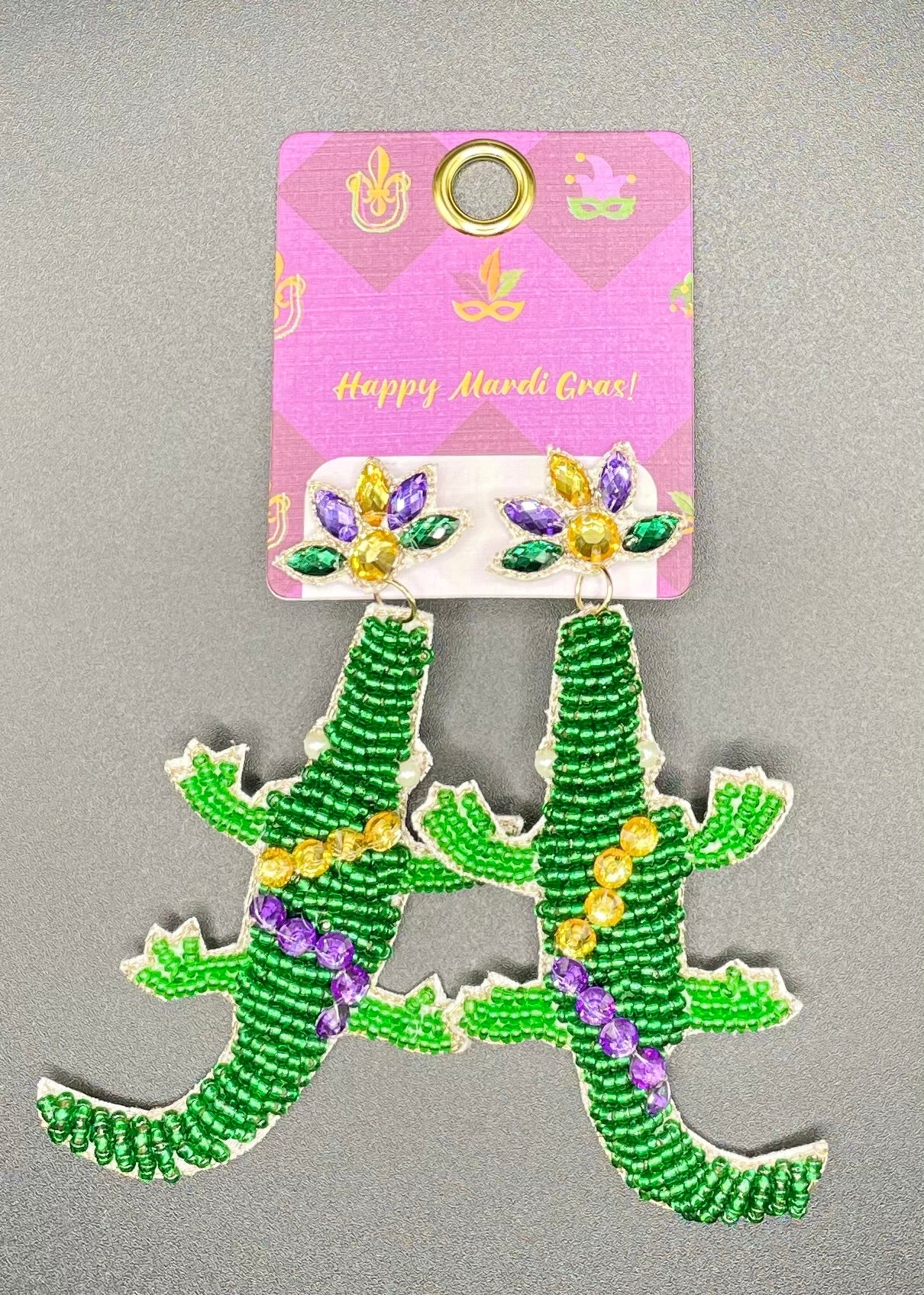 Mardi Gras Crocodile Seed Bead Drop Post Earring