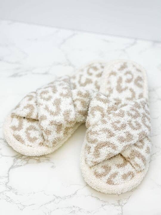 Prep Obsessed Wholesale - Leopard Criss Cross Fuzzy Slippers