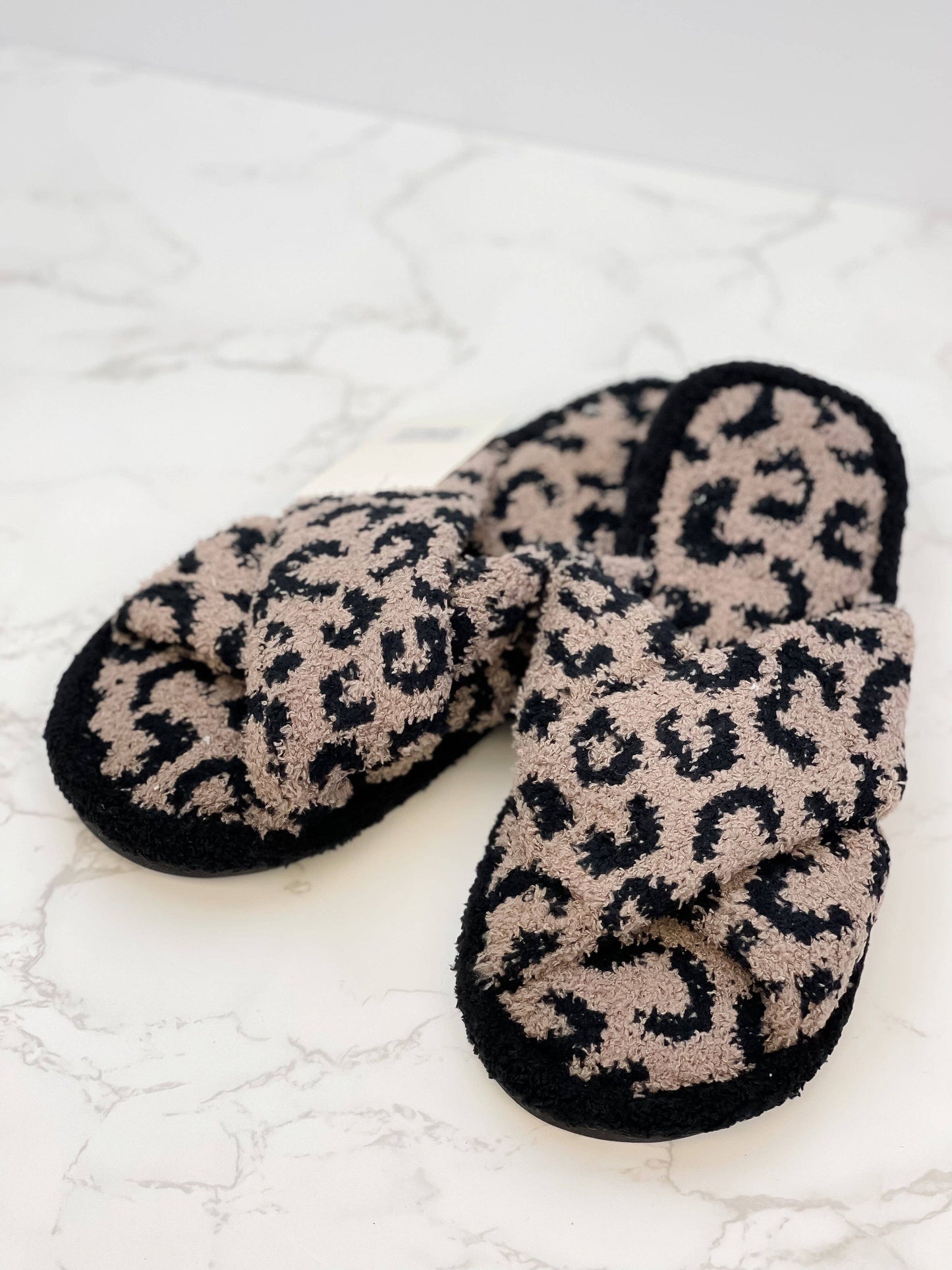 Prep Obsessed Wholesale - Leopard Criss Cross Fuzzy Slippers