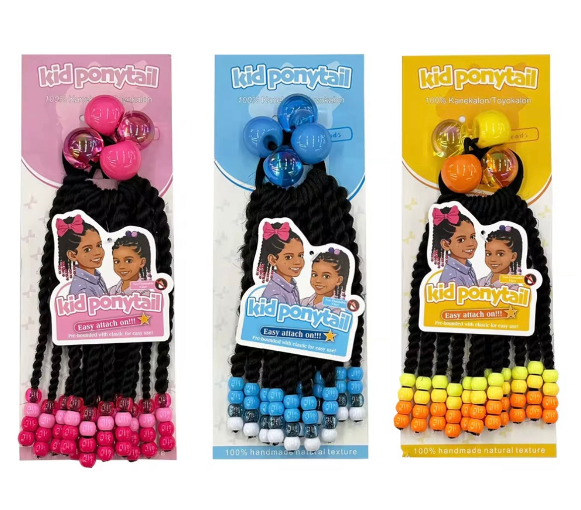 Kids Ponytail Extension Girls Braids Hair Extensions with Beads. Hair Extension Braid Synthetic Hairpieces with Bows Beaded Braided Clip.