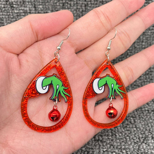 Christmas Acrylic Grinch Holding Bell Red Drop Dangle Earrings