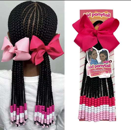 Kids Ponytail Extension Girls Braids Hair Extensions with Beads. Hair Extension Braid Synthetic Hairpieces with Bows Beaded Braided Clip.