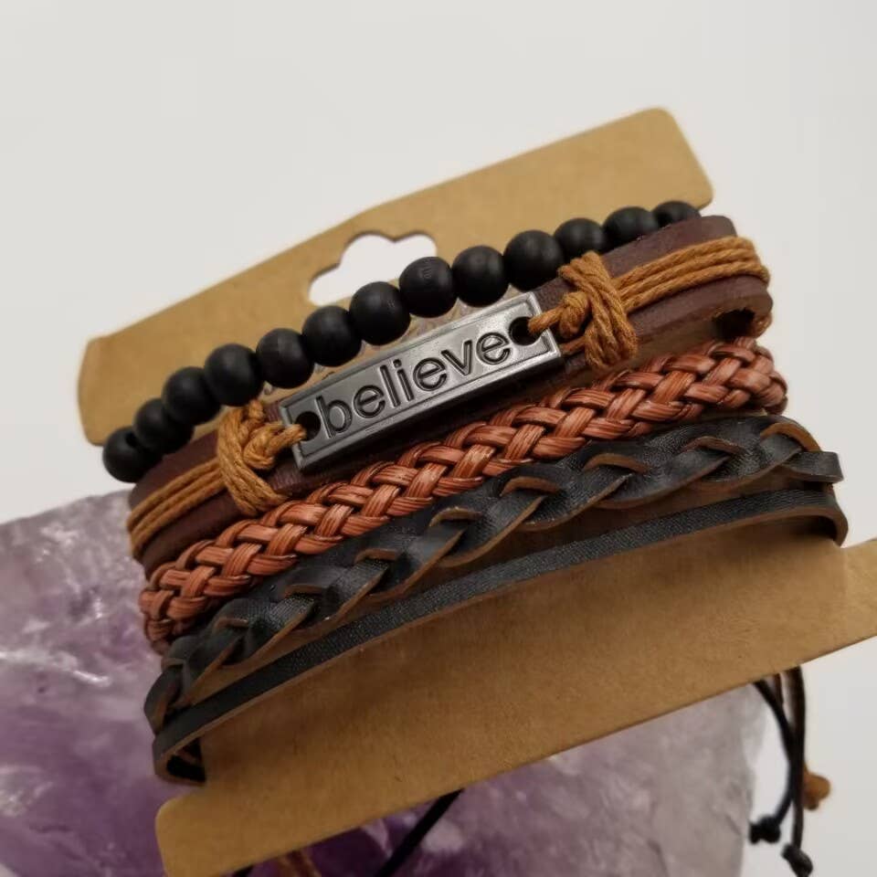 Magnolia Jewelry- BELIEVE Braided Black Leather Bracelet for Men