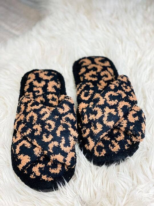 Prep Obsessed Wholesale - Leopard Criss Cross Fuzzy Slippers