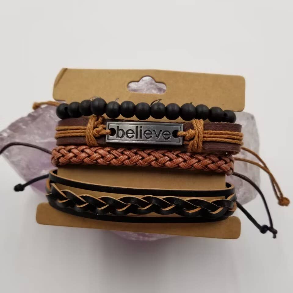 Magnolia Jewelry- BELIEVE Braided Black Leather Bracelet for Men