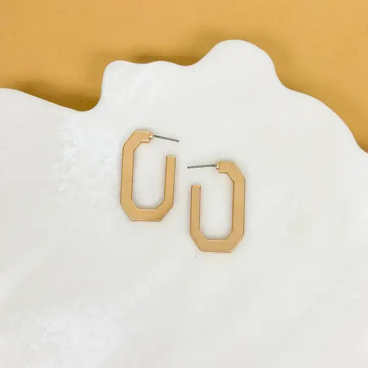 Elongated Octagon Matte Hoop Earrings - Gold